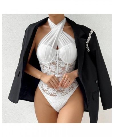 Women's Wrap Sleeveless Bodysuit Tops Lace Criss Cross Cut Out Halter Leotard Jumpsuit White-f10614 $10.12 Bodysuits