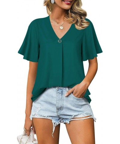 Womens Casual Summer Ruffle Sleeve V Neck Loose Fit Chiffon Blouse Tops Dark Cyan $11.50 Blouses