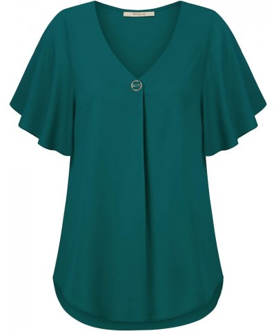 Womens Casual Summer Ruffle Sleeve V Neck Loose Fit Chiffon Blouse Tops Dark Cyan $11.50 Blouses