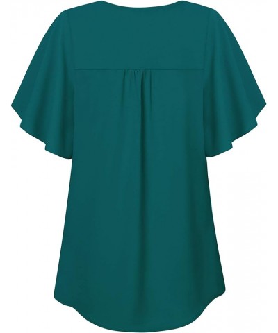 Womens Casual Summer Ruffle Sleeve V Neck Loose Fit Chiffon Blouse Tops Dark Cyan $11.50 Blouses