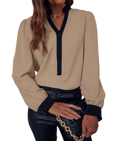 Women's Elegant Striped Notched V Neck Puff Long Sleeve Blouse Shirt Tops Khaki $11.24 Blouses