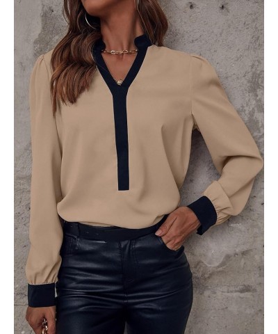 Women's Elegant Striped Notched V Neck Puff Long Sleeve Blouse Shirt Tops Khaki $11.24 Blouses