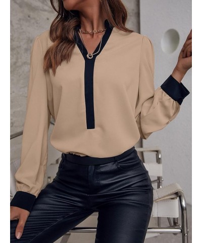 Women's Elegant Striped Notched V Neck Puff Long Sleeve Blouse Shirt Tops Khaki $11.24 Blouses