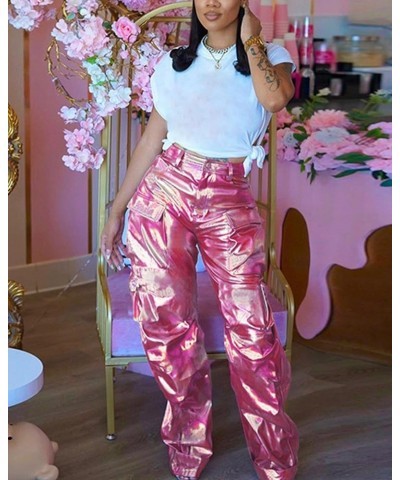 Womens Faux Leather Pants Y2K Streetwear Straight Casual Trousers Wide Leg Baggy Pants with Pockets 39320pink $10.80 Pants