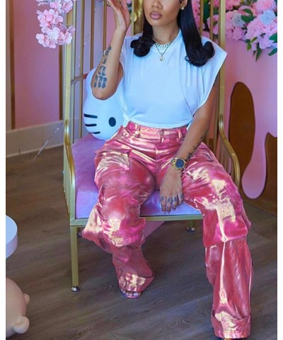 Womens Faux Leather Pants Y2K Streetwear Straight Casual Trousers Wide Leg Baggy Pants with Pockets 39320pink $10.80 Pants