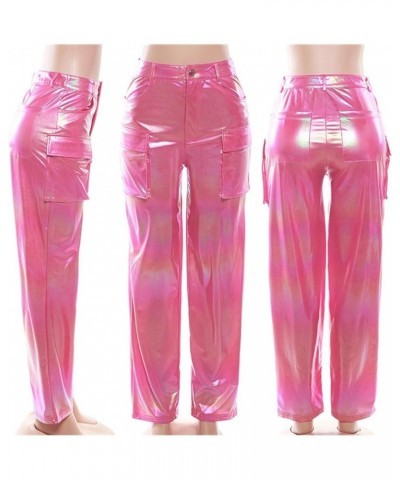 Womens Faux Leather Pants Y2K Streetwear Straight Casual Trousers Wide Leg Baggy Pants with Pockets 39320pink $10.80 Pants