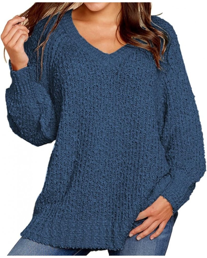 Women's 2024 Fall Winter Oversized Fuzzy Popcorn Sweaters Trendy V Neck Long Sleeve Cozy Pullover Tunic Tops Denim Blue $10.7...