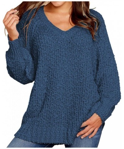 Women's 2024 Fall Winter Oversized Fuzzy Popcorn Sweaters Trendy V Neck Long Sleeve Cozy Pullover Tunic Tops Denim Blue $10.7...