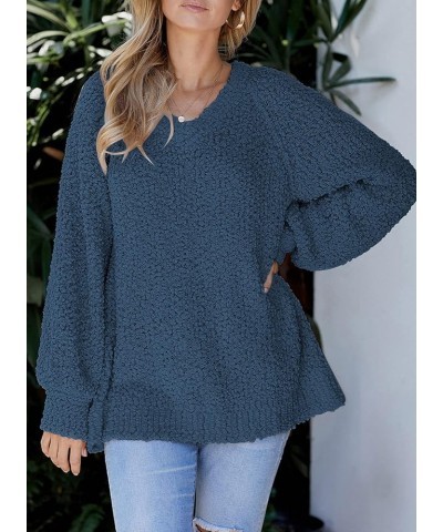 Women's 2024 Fall Winter Oversized Fuzzy Popcorn Sweaters Trendy V Neck Long Sleeve Cozy Pullover Tunic Tops Denim Blue $10.7...