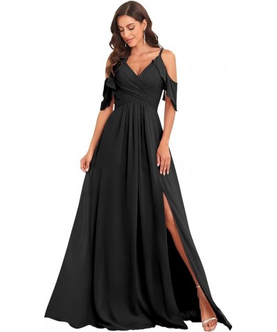 Women's Off The Shoulder Bridesmaid Dresses Long Slit Ruched Chiffon Formal Evening Gowns Black $32.99 Dresses