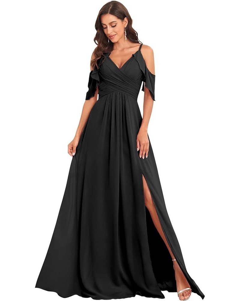 Women's Off The Shoulder Bridesmaid Dresses Long Slit Ruched Chiffon Formal Evening Gowns Black $32.99 Dresses