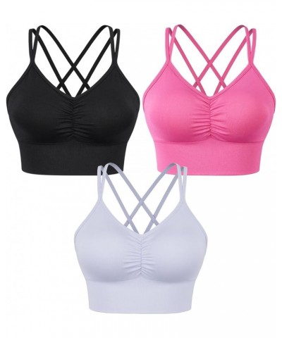 Women Strappy Sports Bra Cross Back Medium Supports Seamless Removable Padded Yoga Bra for Workout Fitness 3 Pack Ruched Styl...