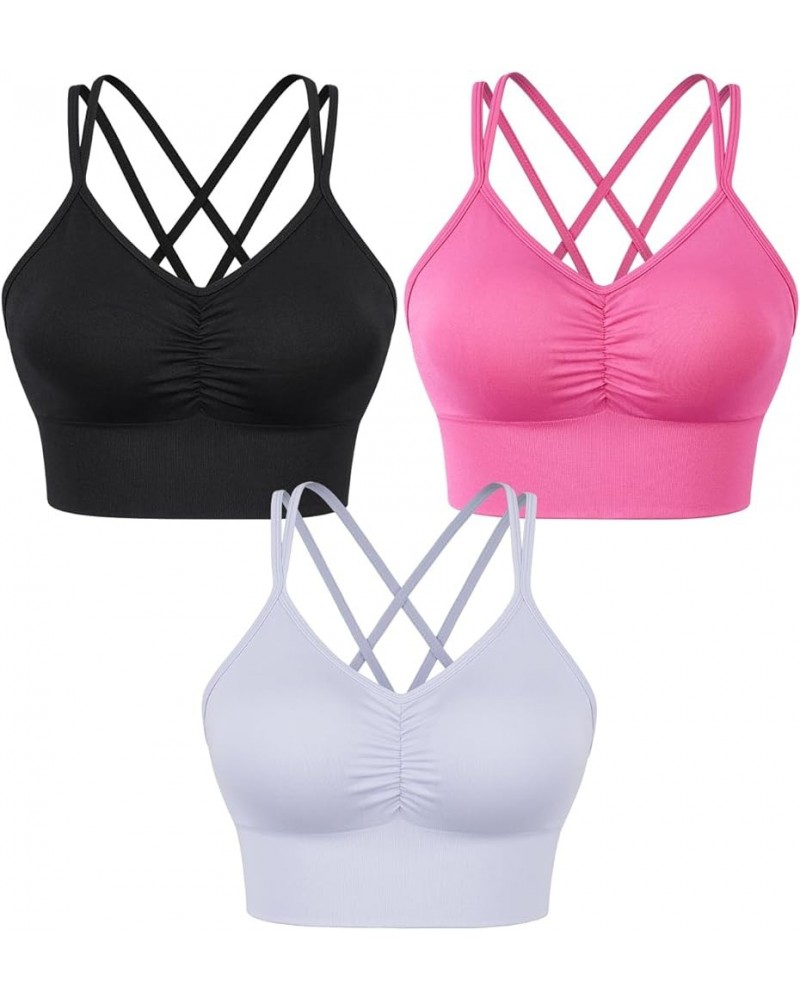 Women Strappy Sports Bra Cross Back Medium Supports Seamless Removable Padded Yoga Bra for Workout Fitness 3 Pack Ruched Styl...