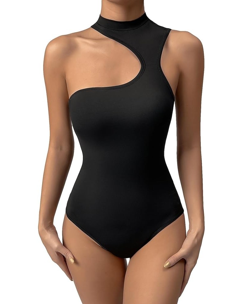 Women's Stretchy Cut Out Sleeveless Asymmetrical Neck Tank Slim Fit Bodysuit Jumpsuit Black $14.83 Bodysuits