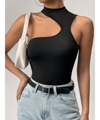 Women's Stretchy Cut Out Sleeveless Asymmetrical Neck Tank Slim Fit Bodysuit Jumpsuit Black $14.83 Bodysuits