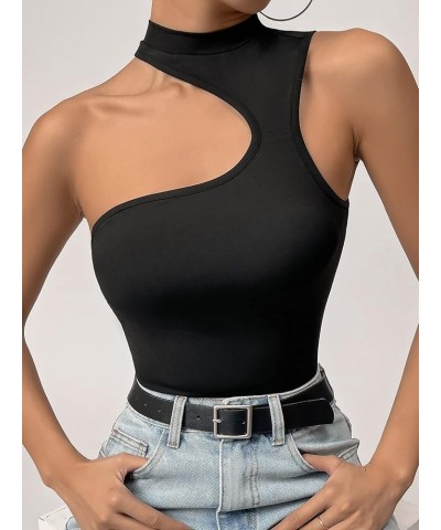 Women's Stretchy Cut Out Sleeveless Asymmetrical Neck Tank Slim Fit Bodysuit Jumpsuit Black $14.83 Bodysuits