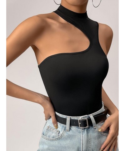 Women's Stretchy Cut Out Sleeveless Asymmetrical Neck Tank Slim Fit Bodysuit Jumpsuit Black $14.83 Bodysuits