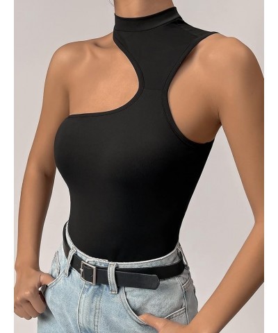 Women's Stretchy Cut Out Sleeveless Asymmetrical Neck Tank Slim Fit Bodysuit Jumpsuit Black $14.83 Bodysuits