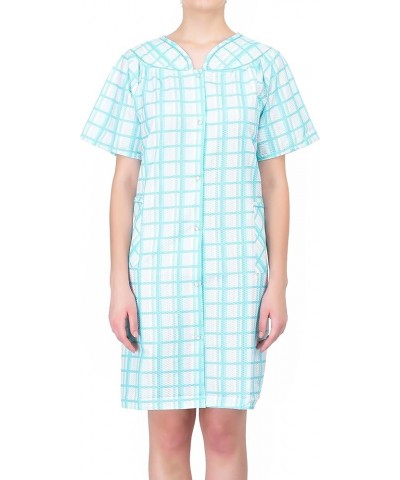 Women's Short Sleeve Snap-Front Plaid Seersucker Cotton-rich House Coat Mint $11.66 Others