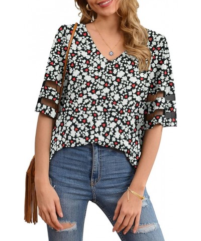 Women's V Neck Chiffon Blouse Mesh Panel Blouse 3/4 Bell Sleeve Loose Top Shirt Flower Black $10.79 Blouses