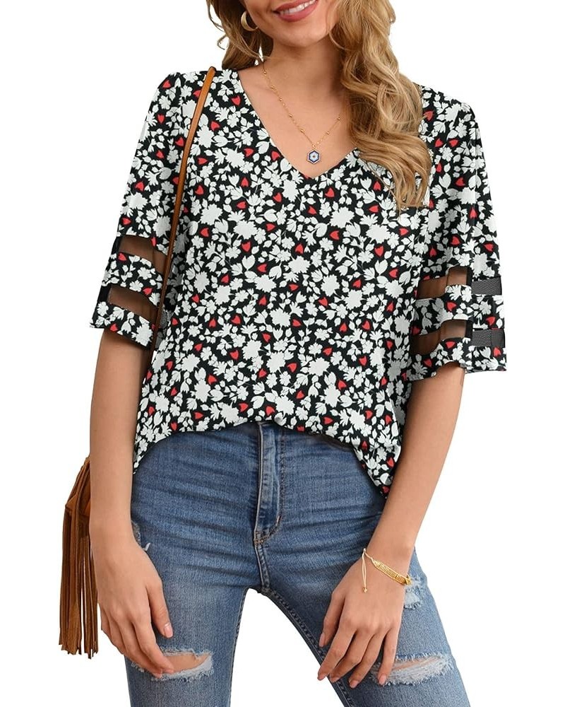 Women's V Neck Chiffon Blouse Mesh Panel Blouse 3/4 Bell Sleeve Loose Top Shirt Flower Black $10.79 Blouses