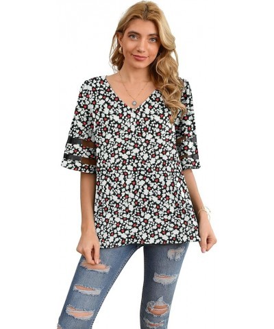 Women's V Neck Chiffon Blouse Mesh Panel Blouse 3/4 Bell Sleeve Loose Top Shirt Flower Black $10.79 Blouses