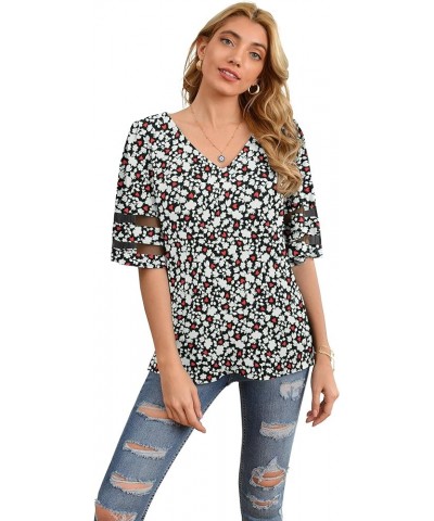 Women's V Neck Chiffon Blouse Mesh Panel Blouse 3/4 Bell Sleeve Loose Top Shirt Flower Black $10.79 Blouses