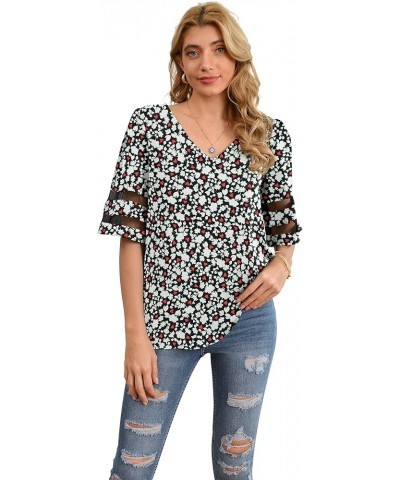 Women's V Neck Chiffon Blouse Mesh Panel Blouse 3/4 Bell Sleeve Loose Top Shirt Flower Black $10.79 Blouses