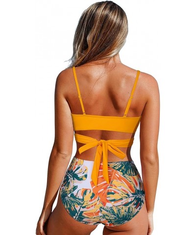 Women Criss Cross High Waisted String Floral Printed 2 Piece Bathing Suits Orange Print $13.33 Swimsuits
