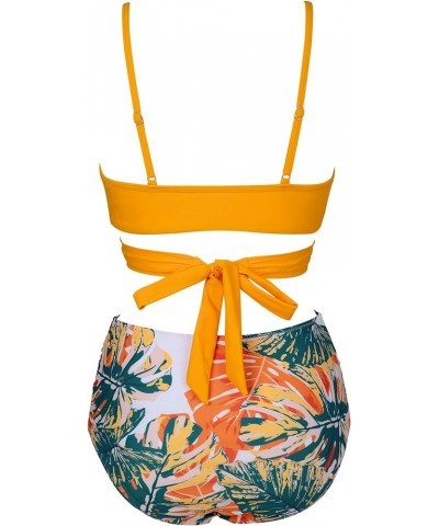 Women Criss Cross High Waisted String Floral Printed 2 Piece Bathing Suits Orange Print $13.33 Swimsuits
