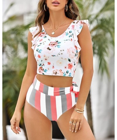 Women Falbala Bikini Set Halter High Waisted Swimsuit 2 Piece Ruffle Tummy Control Peplum Spaghetti StrapTankini 1-white $26....