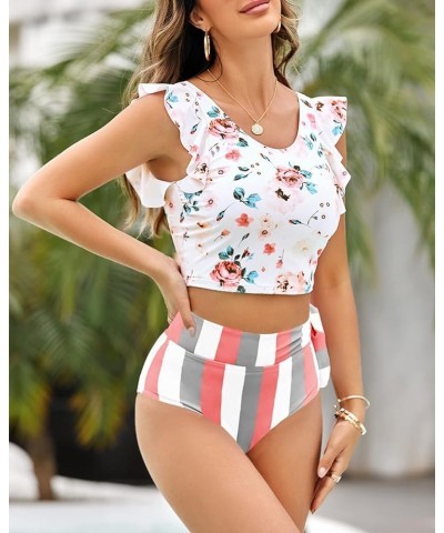 Women Falbala Bikini Set Halter High Waisted Swimsuit 2 Piece Ruffle Tummy Control Peplum Spaghetti StrapTankini 1-white $26....