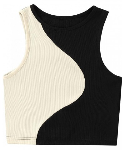 Women's Summer Ribbed Knit Sleeveless Vest Color Block Crop Tank Top Black and Khaki $10.00 Hoodies & Sweatshirts