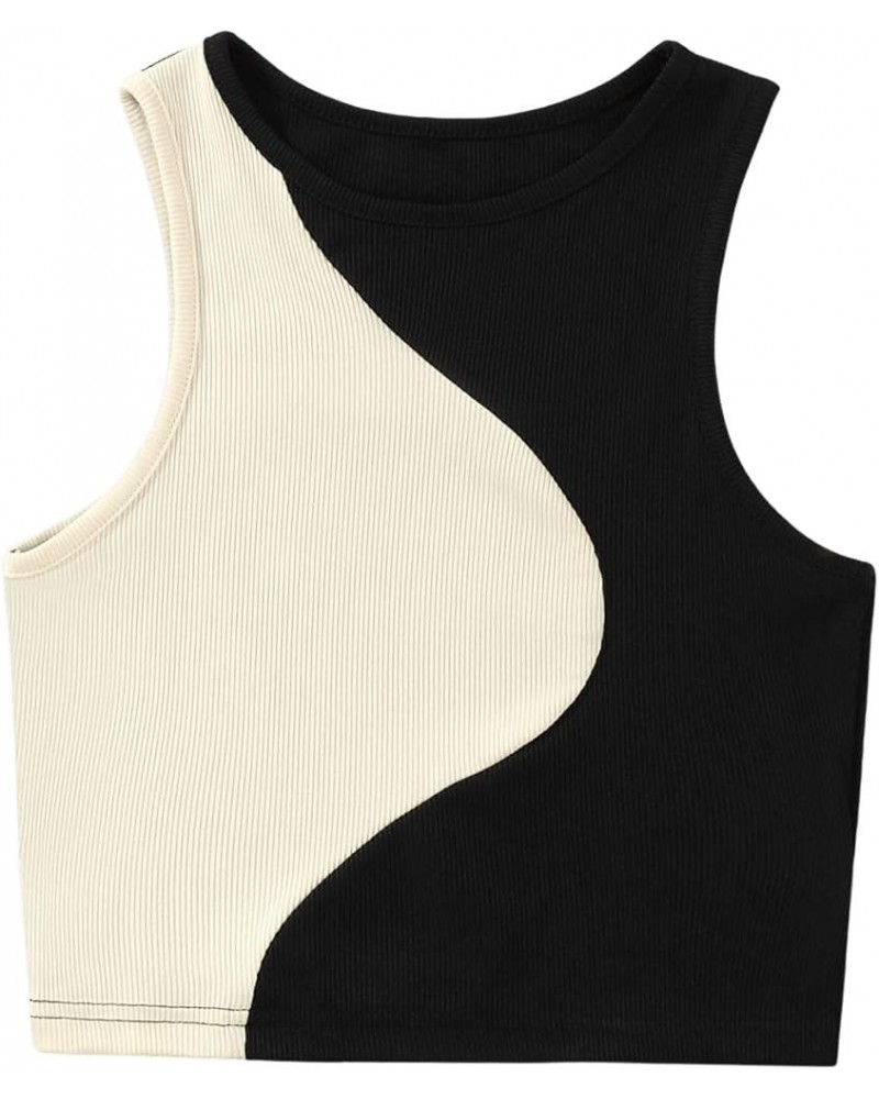 Women's Summer Ribbed Knit Sleeveless Vest Color Block Crop Tank Top Black and Khaki $10.00 Hoodies & Sweatshirts