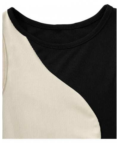 Women's Summer Ribbed Knit Sleeveless Vest Color Block Crop Tank Top Black and Khaki $10.00 Hoodies & Sweatshirts