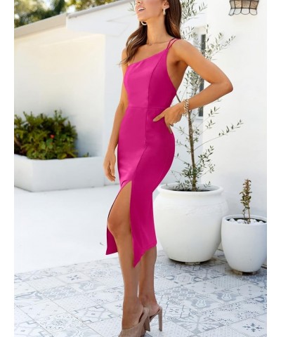 Women's Summer Sleeveless One Shoulder Spaghetti Strap Backless Bodycon Slit Party Cocktail Midi Dress Rose $13.24 Dresses