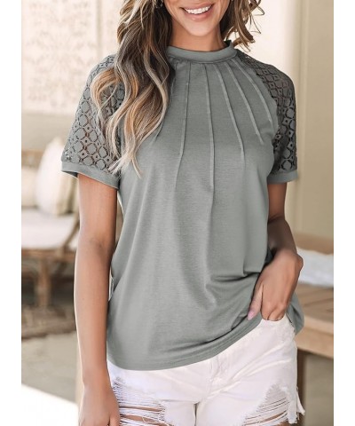 Womens Shirts Dressy Casual Lace Short Sleeve Tshirt Business Crewneck Tunic Knit Blouses Patchwork Summer 2024 Tops Gray $5....