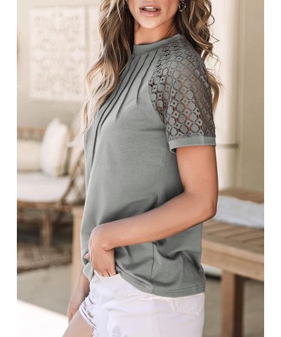 Womens Shirts Dressy Casual Lace Short Sleeve Tshirt Business Crewneck Tunic Knit Blouses Patchwork Summer 2024 Tops Gray $5....