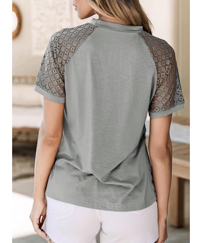 Womens Shirts Dressy Casual Lace Short Sleeve Tshirt Business Crewneck Tunic Knit Blouses Patchwork Summer 2024 Tops Gray $5....