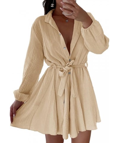 Womens Long Sleeve Button Down Shirt Dress Casual Loose V Neck Flowy Swing Belted Mini Dresses Apricot $13.99 Dresses