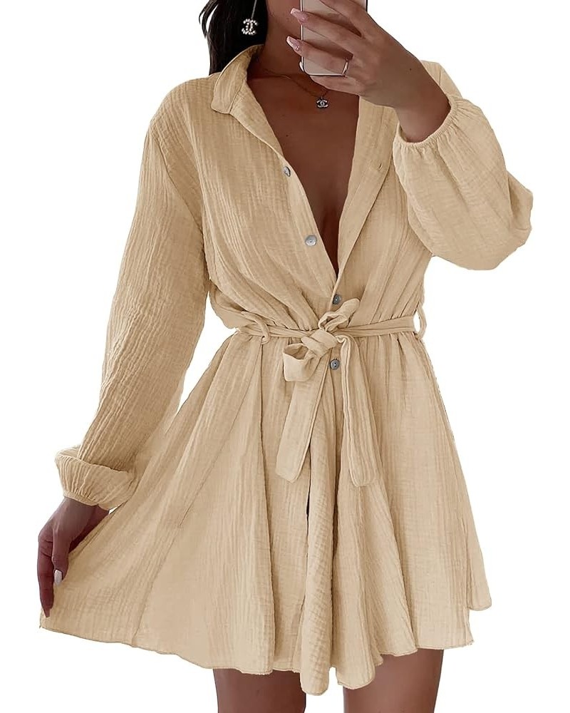 Womens Long Sleeve Button Down Shirt Dress Casual Loose V Neck Flowy Swing Belted Mini Dresses Apricot $13.99 Dresses