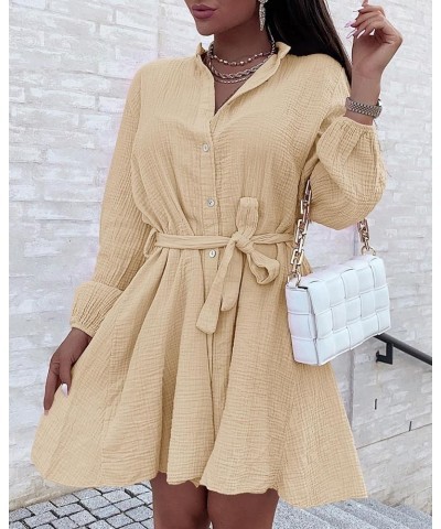 Womens Long Sleeve Button Down Shirt Dress Casual Loose V Neck Flowy Swing Belted Mini Dresses Apricot $13.99 Dresses