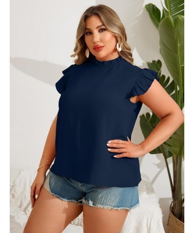 Women Plus Size Tank Tops Cute Summer Sleeveless Blouses Lace Trim Cap Sleeve Crewneck Swiss Dot Babydoll Tops Deepblue $8.54...