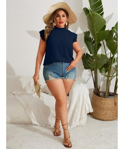 Women Plus Size Tank Tops Cute Summer Sleeveless Blouses Lace Trim Cap Sleeve Crewneck Swiss Dot Babydoll Tops Deepblue $8.54...