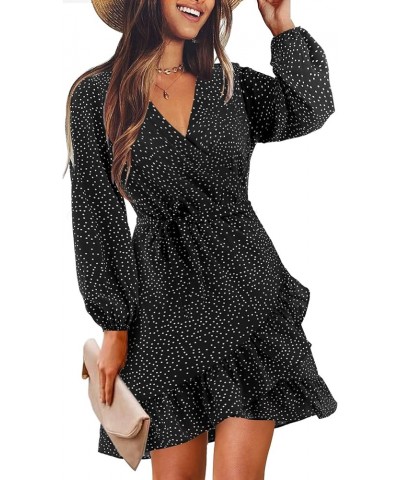 Womens Short/Long Sleeve Dress Wrap V Neck Ruffle Hem Mini Summer Fall Dresses Polka Dot:black $13.62 Dresses