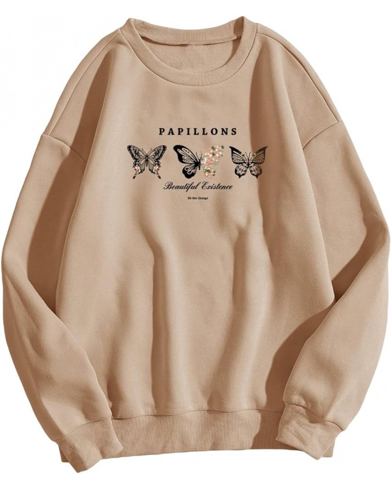 Women's Letter Butterfly Graphic Long Sleeve Crewneck Pullover Top Drop Shoulder Sweatshirt Khaki $15.17 Hoodies & Sweatshirts