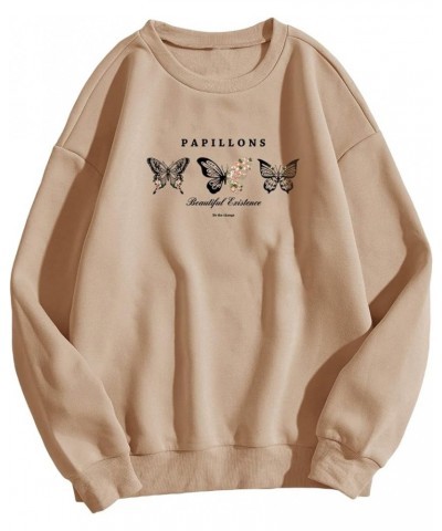 Women's Letter Butterfly Graphic Long Sleeve Crewneck Pullover Top Drop Shoulder Sweatshirt Khaki $15.17 Hoodies & Sweatshirts