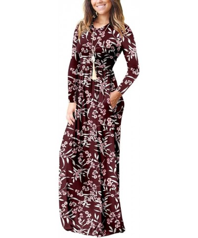 Women Long Sleeve Loose Plain Maxi Pockets Dresses Casual Long Dresses Lo-wine Red-grass $10.99 Dresses