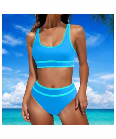 High Waisted Bikini Sets for Women Sporty Two Piece Swimsuit Cheeky High Cut Bathing Suits Color Block Sexy Swimwear A2-blue~...