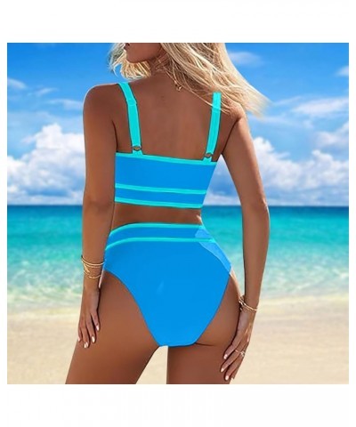 High Waisted Bikini Sets for Women Sporty Two Piece Swimsuit Cheeky High Cut Bathing Suits Color Block Sexy Swimwear A2-blue~...